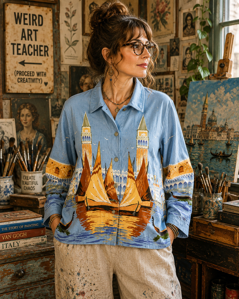 Vintage 1990s Tantrums L Venice Italy Sailboat Art Jacket Beaded Cotton Pockets